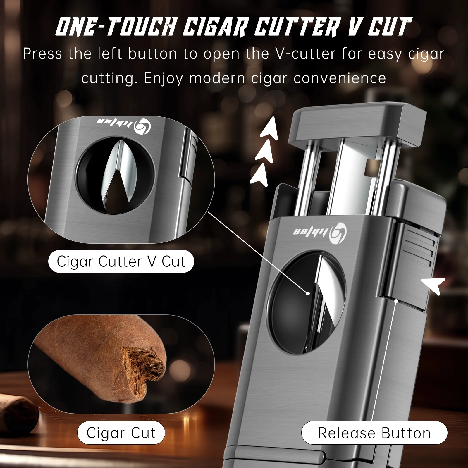 Cigar Lighter,Multi-Function Torch Lighter Built-in Cigar Holder&One-Touch Cutter V Cut, 3 Jet Flame Butane Lighters Accessories