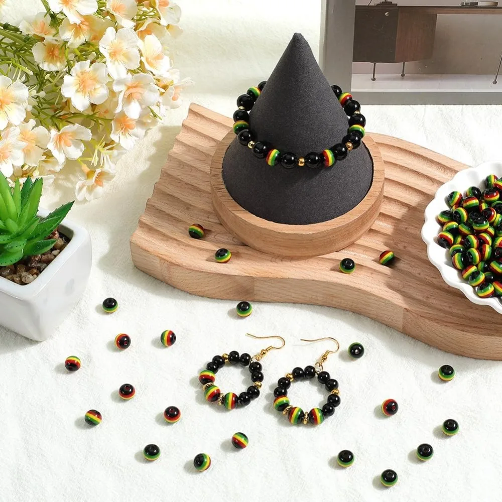 200Pcs Jamaica Beads Striped Bead Bulk 8mm Black Red Green Yellow Resin Round African Reggae Style Mini Loose Spacer kit image 4