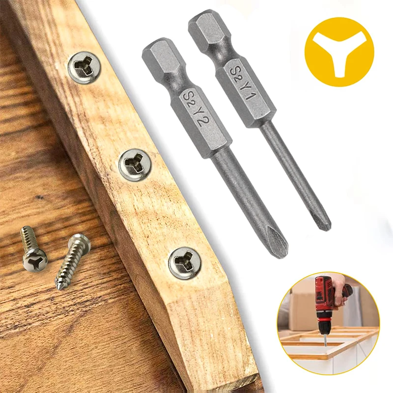 Y Shaped Screwdriver Bits Set Magnetic 1/4” Hex Shank Y Tip Head Y1 Y2 50mm S2 Steel Screw Driver Bit Ratchet Wrench Hand Tools