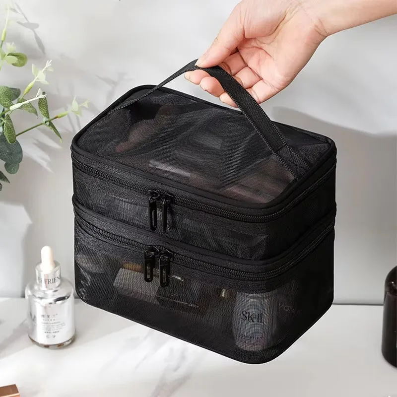 Portable Mesh Makeup Bag Large Capacity Breathable Visible Toiletry Pouch with Handle for Travel Cosmetic Storage