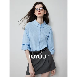 TOYOUTH Women Blouse Shirt 2024 Autumn New Pleated Grid Pattern Pocket Decor Long Sleeve Turn Down Collar Office Wear Shirt Tops