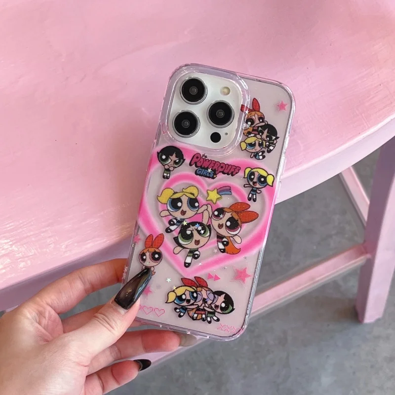 สีชมพูน่ารัก 3Dหัวใจรักการ์ตูนP-Powerpuffสาววงเล็บเคสโทรศัพท์สําหรับiPhone 13 14 15 16Pro Maxน่ารักขาตั้งกันกระแทก