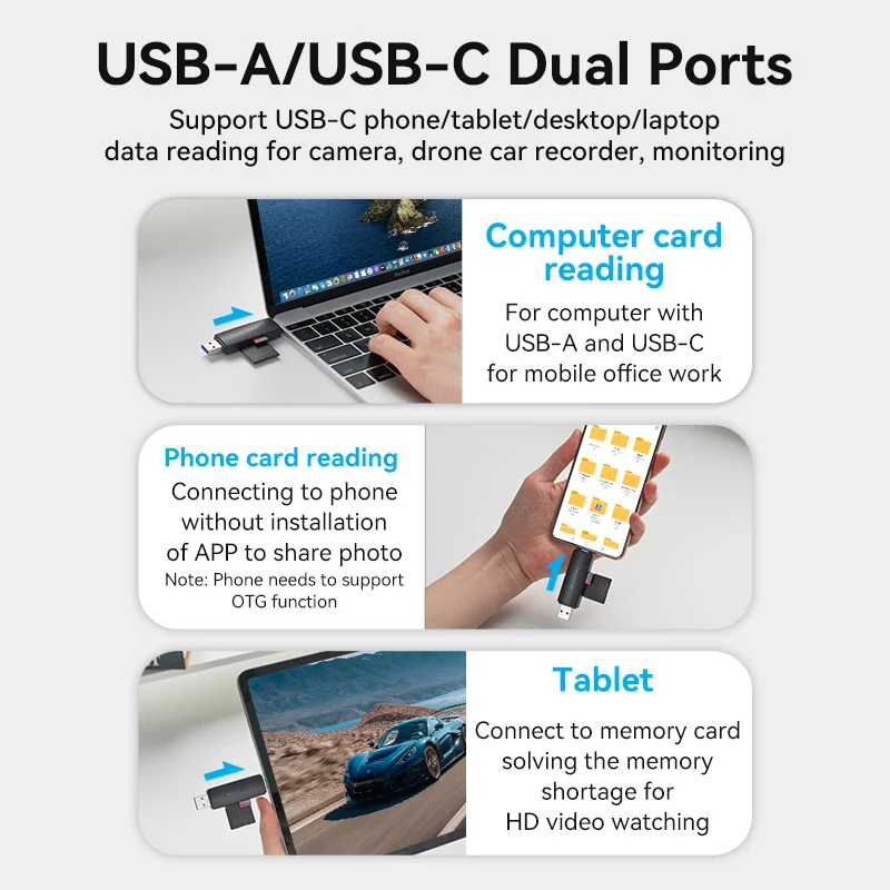 Vention 2 in 1 Card Reader USB3.0 Type-C to Micro SD TF Card Reader for Laptop Phone OTG Memory Card Adapter Smart Card Reader