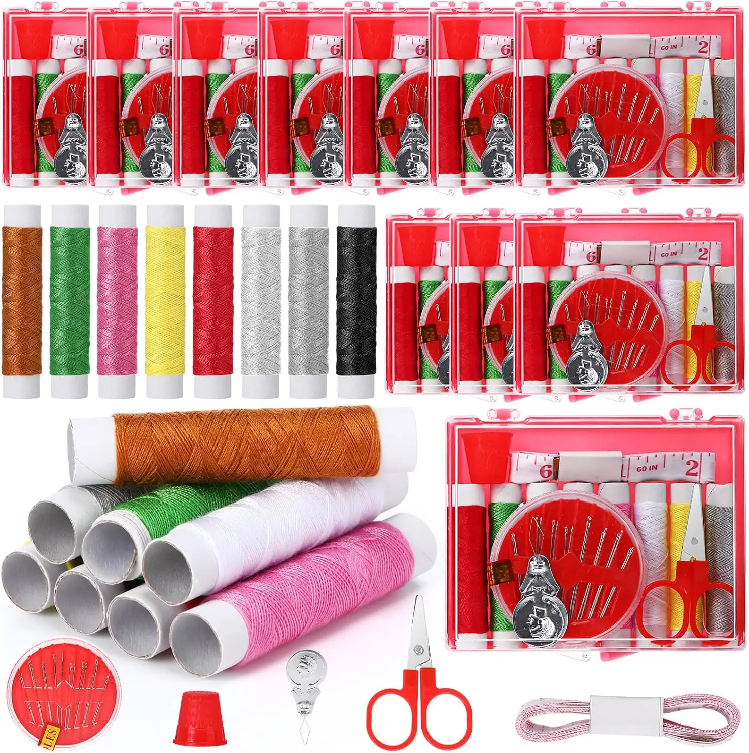 

24 Pack Mini Sewing Kit with Threads, Scissors & Needles - Portable Storage Box for Home Travel Beginners