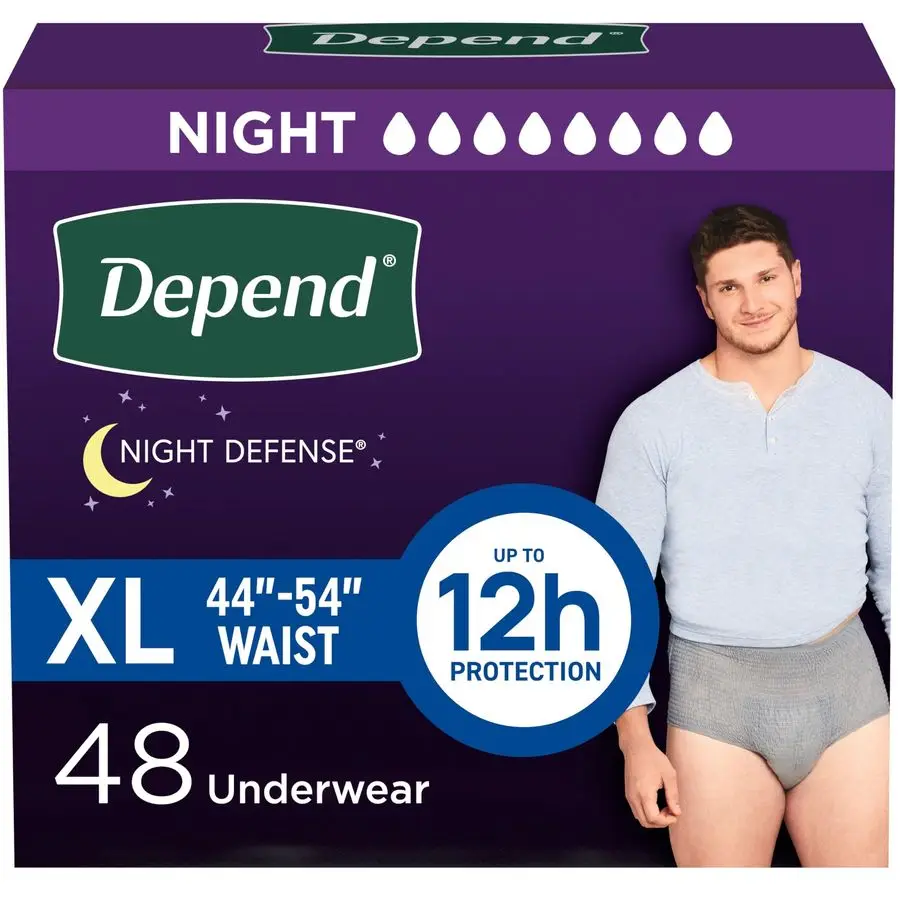 Night Defense Adult Diapers, Incontinence Underwear for Men, Disposable, Overnight, ExtraLarge, Grey, 48 Count 4 Packs of 12, Pa