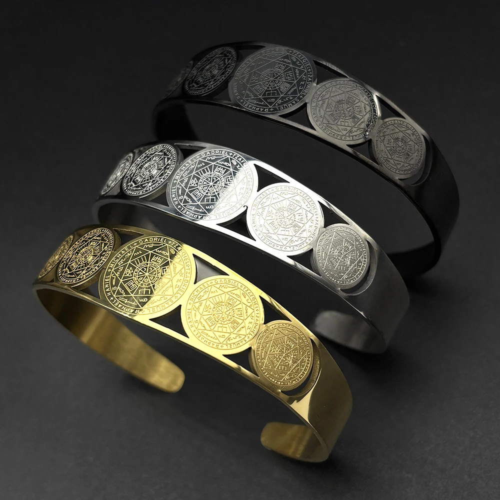 Seven Archangels Angel Open Cuff Bangle for Women Men Stainless Steel Seal of Solomon Protection Adjustable Bracelet Jewelry