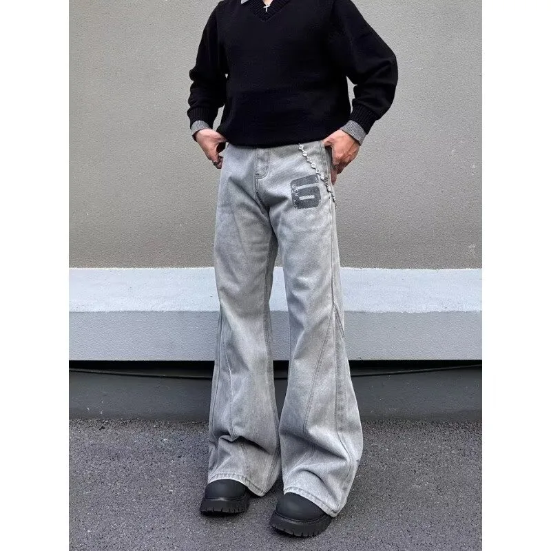 

Мужские серые джинсы в американском стиле ретро, потертые потертые чернильные серые джинсы, свободные прямые широкие брюки с микро расклешенными брюками в пол