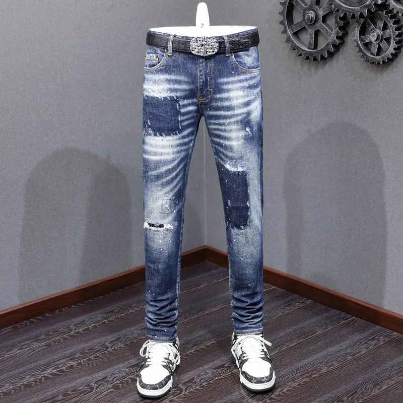 

Street fashion men's jeans, high-quality stretch slim fit corrugated jeans, men's painted designer hip-hop brand retro blue pant