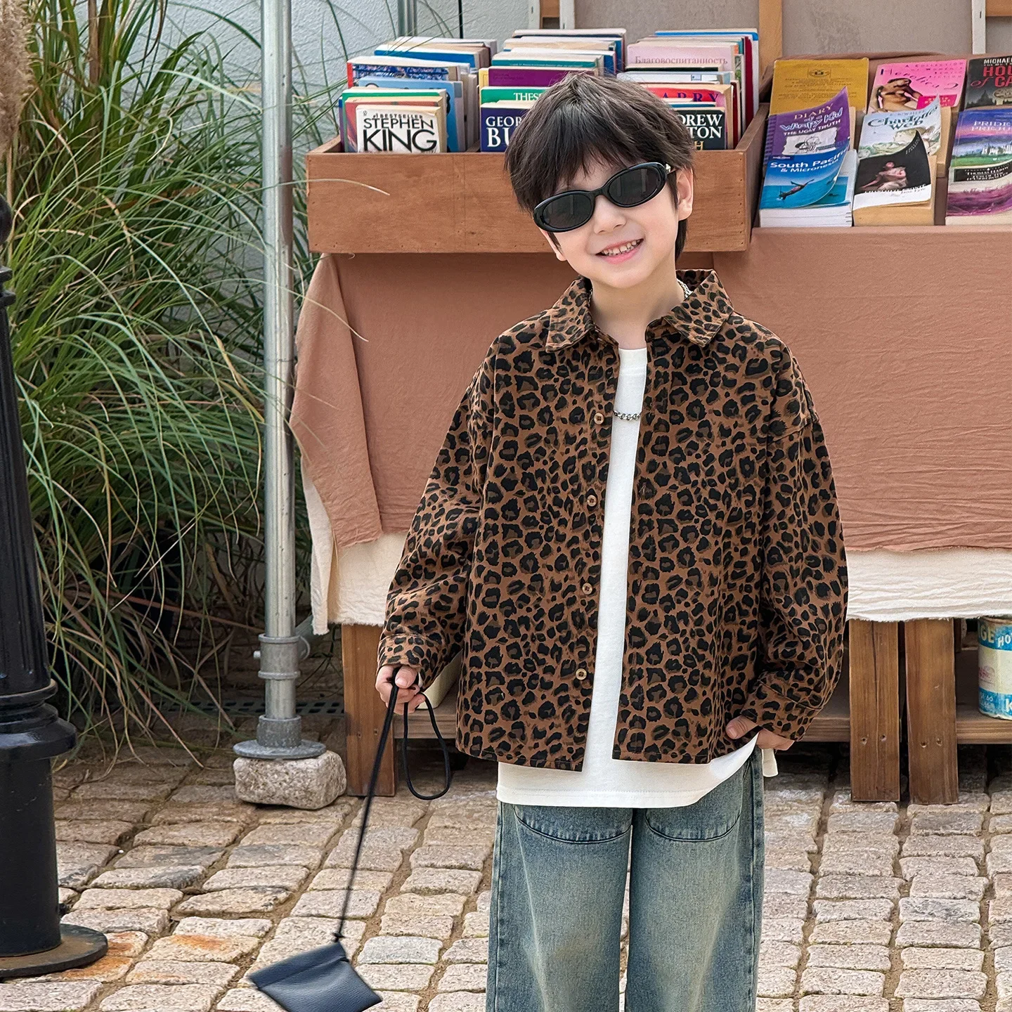 

2025 Spring New Children's Clothing Cool Boys' Shirt Korean Leopard Pattern Collar Children's Shirt