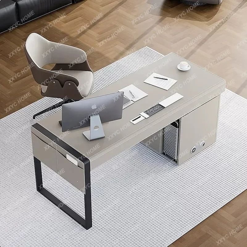 XXSaddle Leather Computer Desk Minimalist Home Office Writing Table Solid Wood Desk New