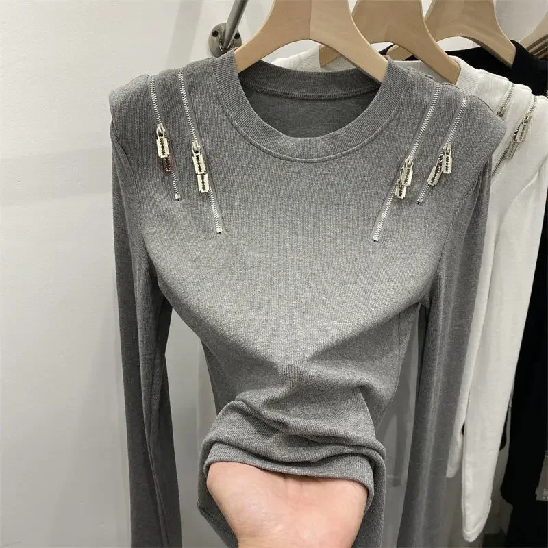 

Design sense round neck zipper long sleeve T-shirt women's spring cotton slim T-shirt women's crop top T-shirt sexy tight Y2k