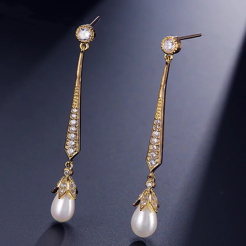 ZAKOL Elegant Imitation Pearl Pendant Long Earrings for Bridal Shiny AAA Cubic Zirconia Wedding Party Jewelry