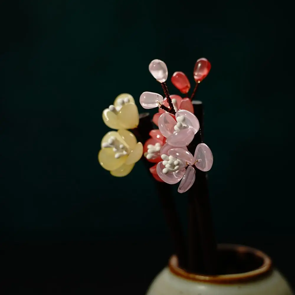 Chinese Decorative Glass Flower Hair Clips Hair Sticks Hairpin Wooden Hair Fork