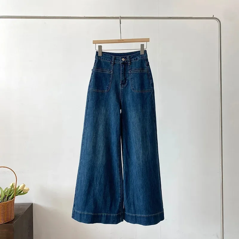 Jeans Lurus Warna Solid Fashion Wanita 2025 Celana Panjang Koboi Pinggang Tinggi Wanita Retro Celana Denim Kaki Lebar Wanita Musim Semi Musim Gugur