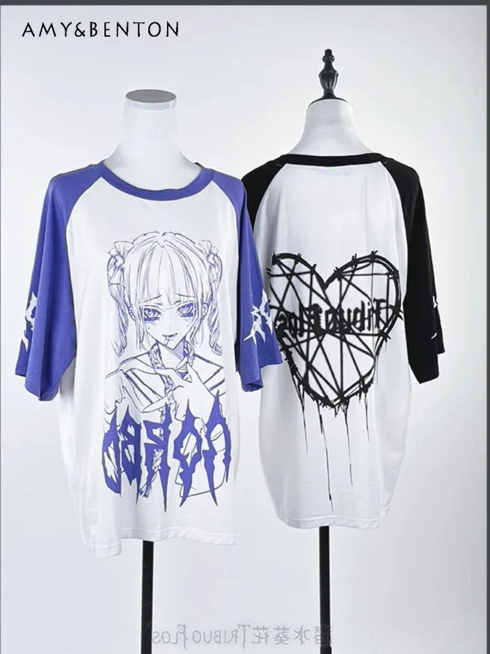 

Subculture Gothic Printing Splicing Color Short-sleeved T-shirt Japanese Harajuku Cartoon Animation Printing Oversized T Shirt