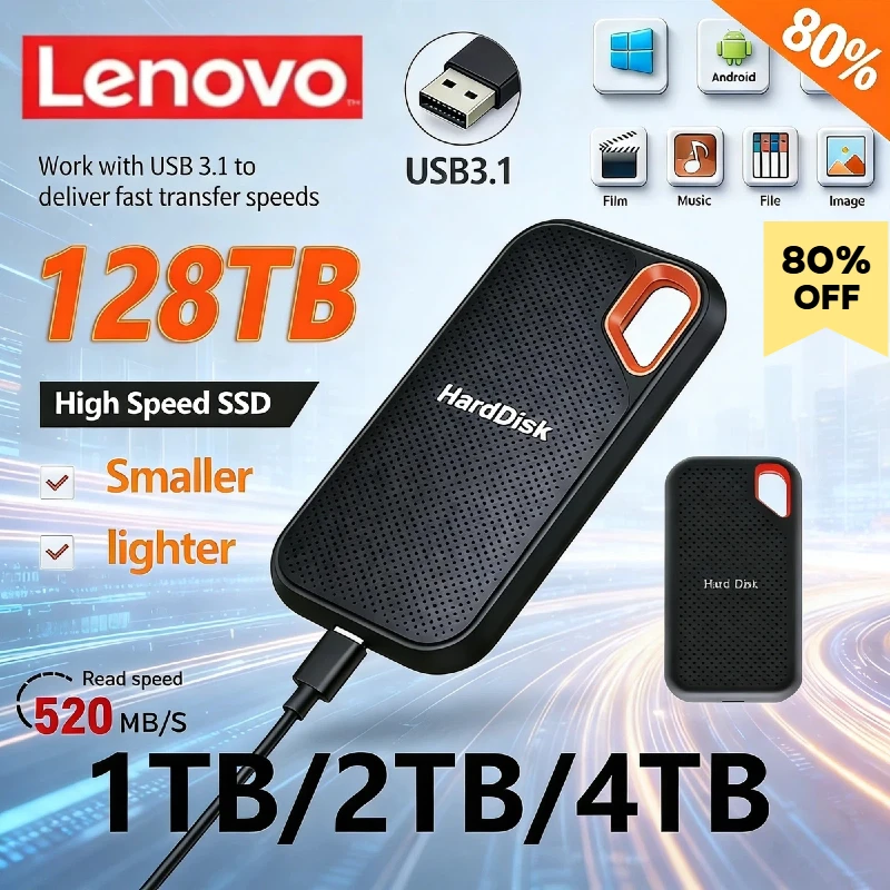 

Новый портативный SSD-накопитель Lenovo 2026 года, внешний жесткий диск 128 ТБ, USB 3.1 Type-C, высокоскоростной твердотельный накопитель 30 ТБ для ноутбуков/MAC/телефонов