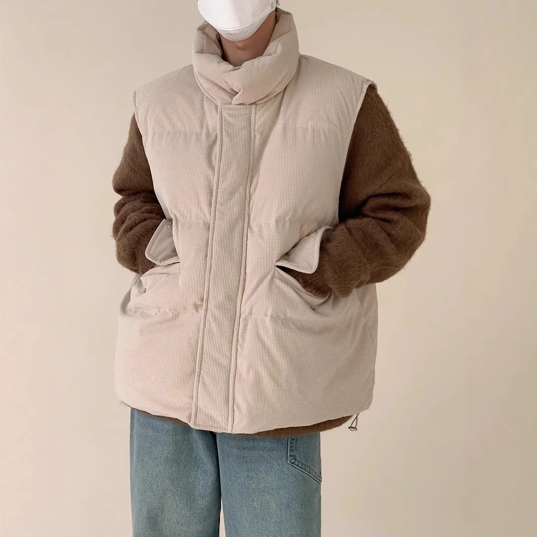 New Fashion Men's Apricot Grey Solid Color Simple Basic Stand Collar Waffle Corduroy Casual Trendy Quilted Vests Male Clothes
