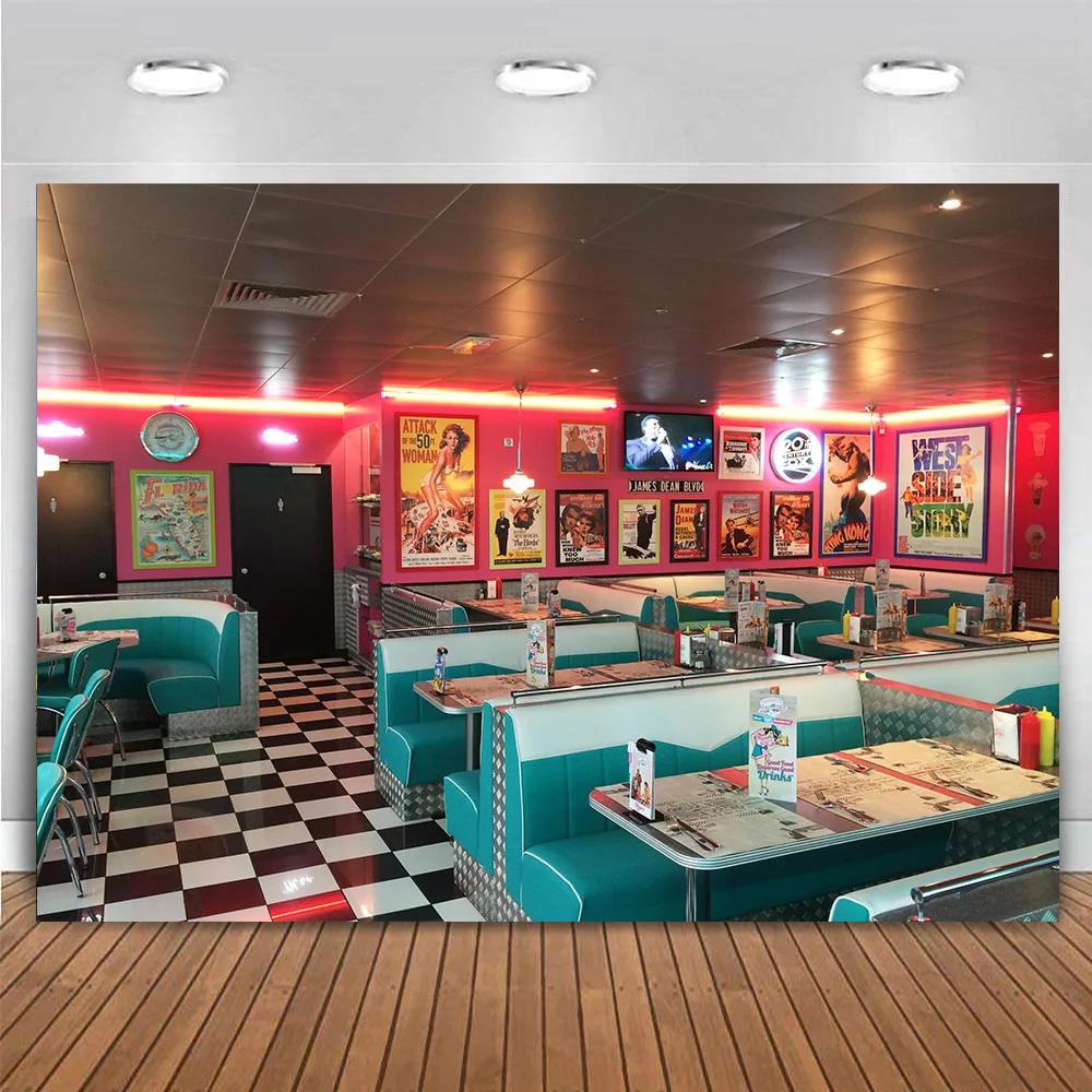 50s American Diner Backdrop Vintage 1950s Cafe Fast Food Soda Shop Restaurant Club Bar Dining Background Birthday Party Decor