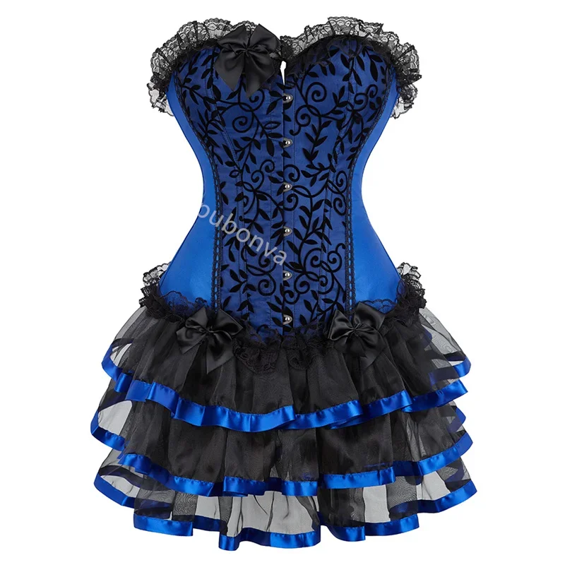 

Corset Dress Tutu Skrits Set Overbust With Lace Costume Party Sexy Burlesque Ladies Basques Outfit Plus Size Gothic Red Black
