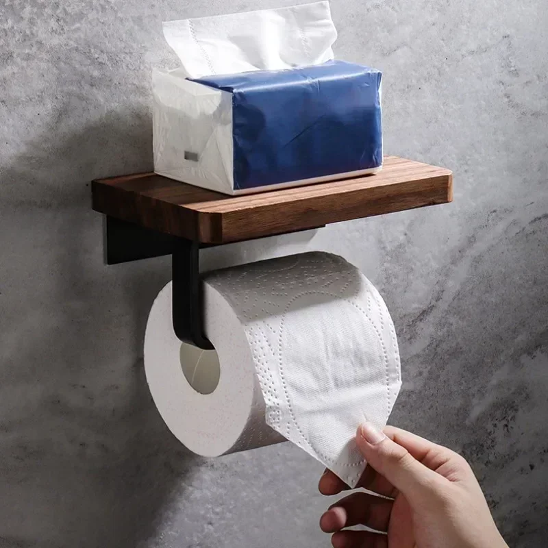 Wooden Toilet Paper Holder Bathroom Wall Mount WC Paper Phone Holder Shelf  Towel Roll Shelf Accessories Tissue box toilet Shelf