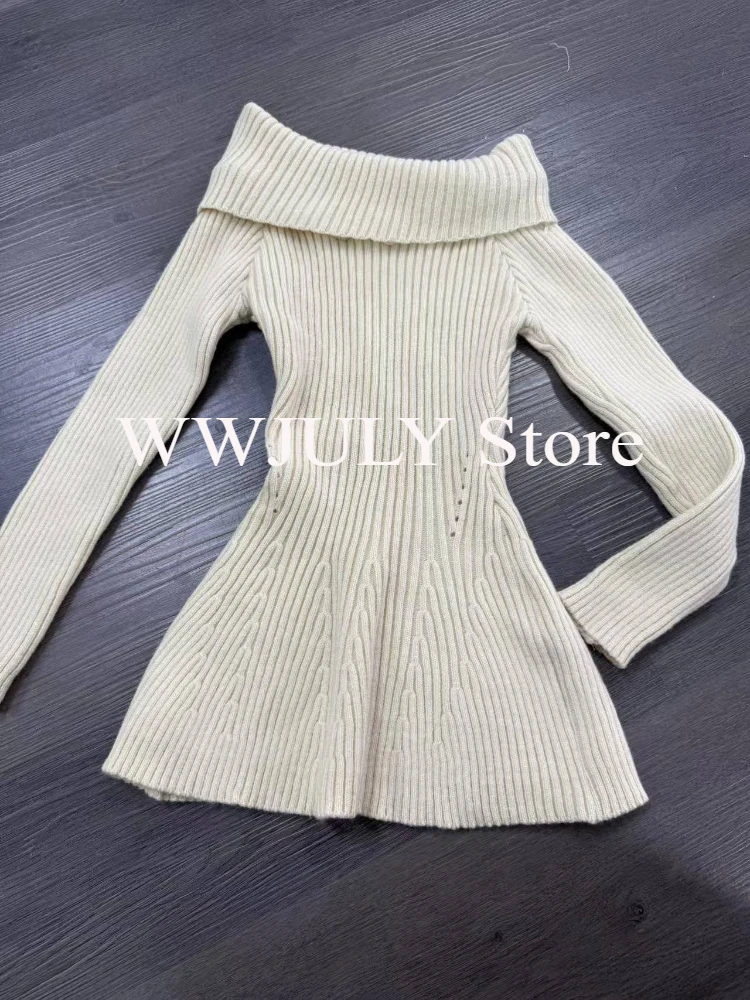 2024 Women Sweater Sweet Slash Neck Off Shoulder Ruffles Autumn Winter Slim Stretch Elegant Knitted Tops Ladies Pullover