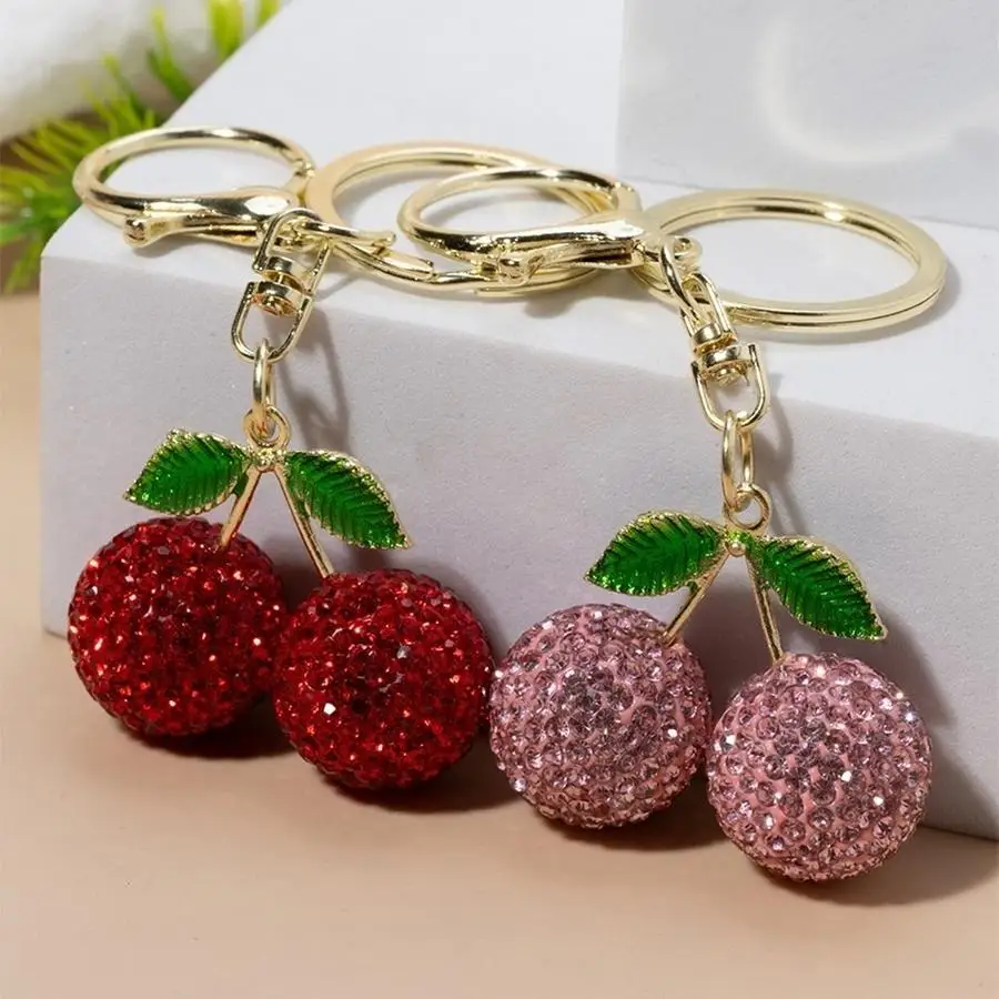 1/5/10/20/50/100pcs Creative Cute Fruit Glass Diamond Cherry Ladies Bag Keychain Metal Exquisite Car Keychain Pendant Funny Posi