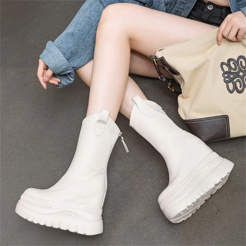 12cm New Microfiber Leather Women High Brand Pumps Heels Black Shoes ZIP Increase Casual Ankle Boots Platform Wedge Shoes