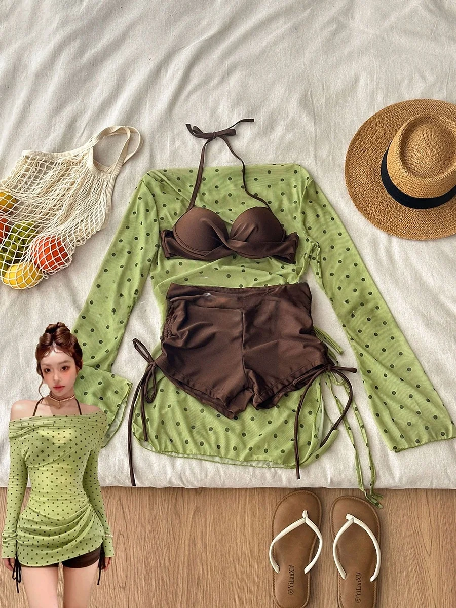 

Green Polka Dot Bikini Top And Bottom Separate Thermal Vacation Swimsuit Pure Desire Korean Style Beach Play Hot Spring Use