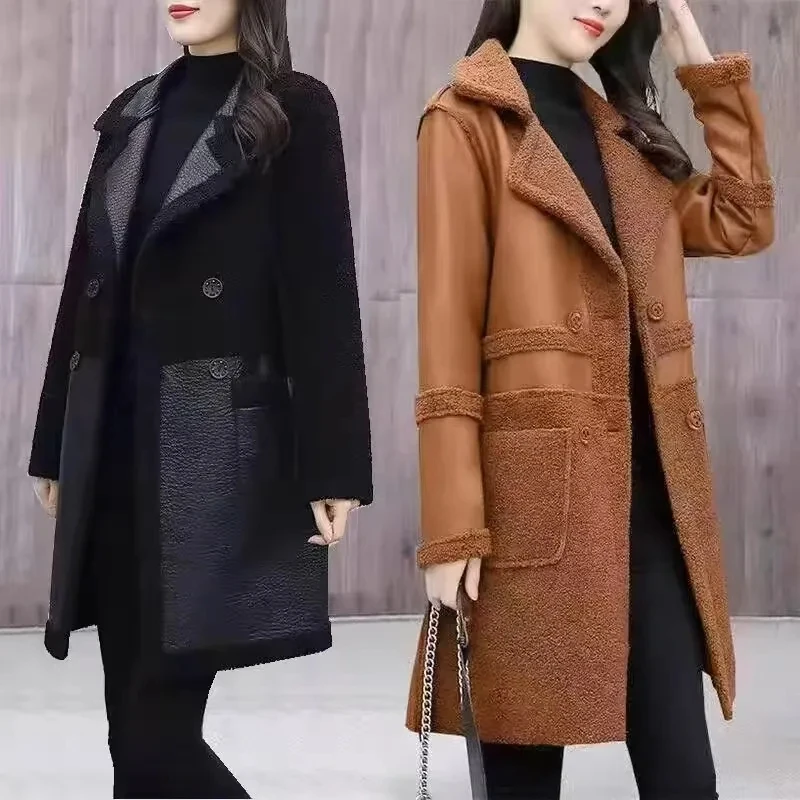 Large Size Jacket Women's New Two-Sided Fur Coat Autumn Winter 2025 Lambswool Outerwear Long Padded Overcoat Ladies Leather Tops