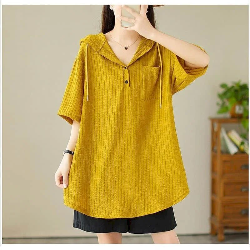 

Solid Shirts for Women Vintage Half Sleeve Hooded Shirts Oversized Loose Casual Korean Fashion Lace-up Retro Blouse Women Tops