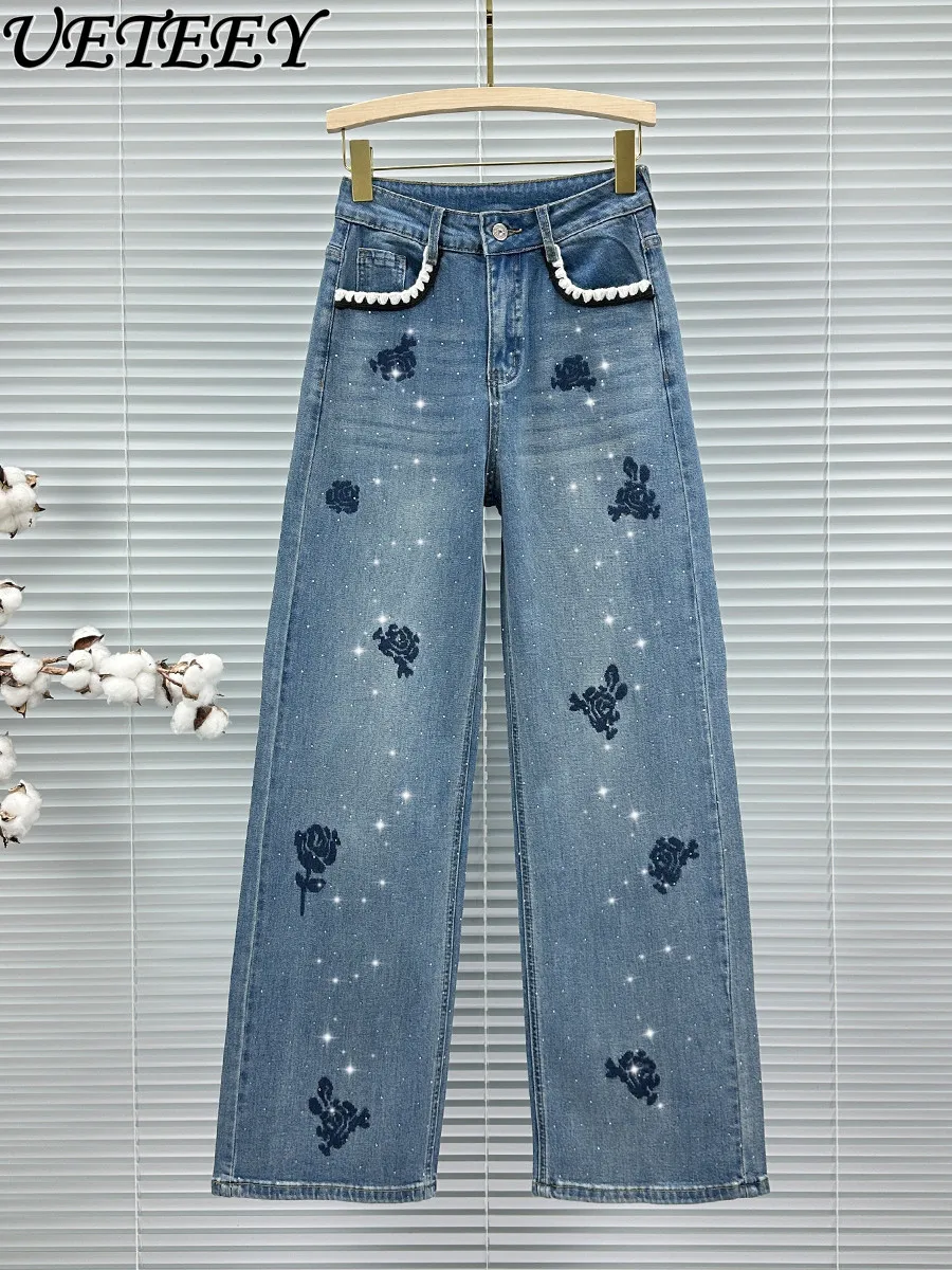 

Spring Floor-Length Jeans for Women Trendy 2026 New High-Waisted Loose Versatile Ins Style Rhinestone Embroidered Wide-Leg Pants