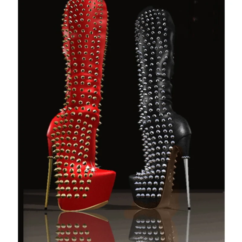 

Red Rivet Leather Platform Boots Thin High Heel Pointed Toe Fashion Sexy Cool 2025 Winter Big Size Woman Shoes Zapatillas Mujer