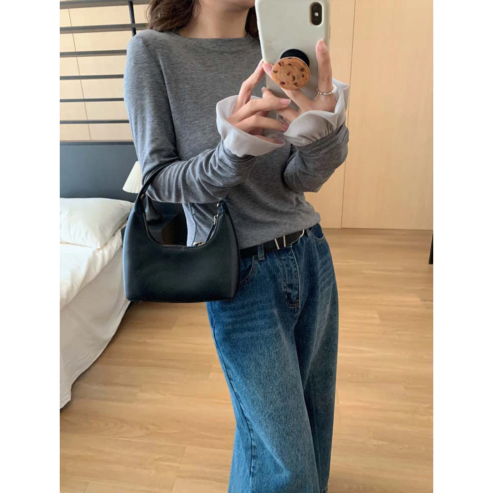 

Модная женская футболка с длинным рукавом, с боковыми сборками и плиссировкой, повседневная, однотонная, весенняя коллекция