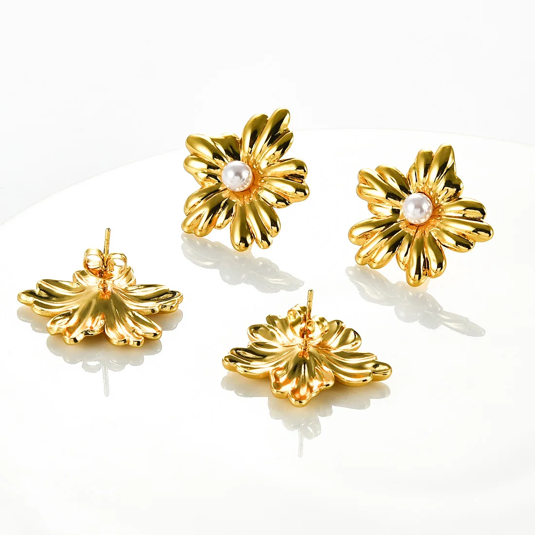 1Pair Stainless Steel Cute Flower Earrings Stud Women Girls Gold Silver Plated Floral Trendy Earring Posts Daily Beach Jewelry