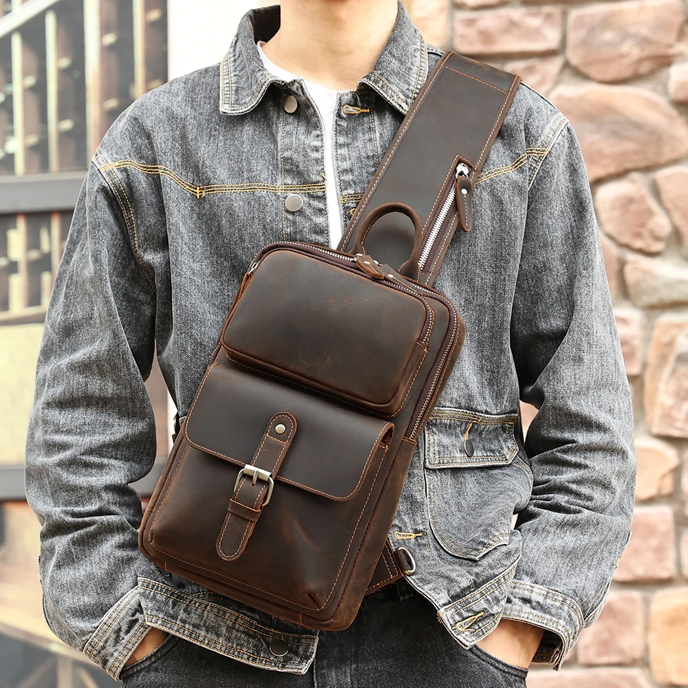 JOYIR Vintage Crazy Horse Men\'s Shoulder Bag Outdoor Daily Travel Sling Chest Bag Casual Daypack Crossboby Bag for Men New