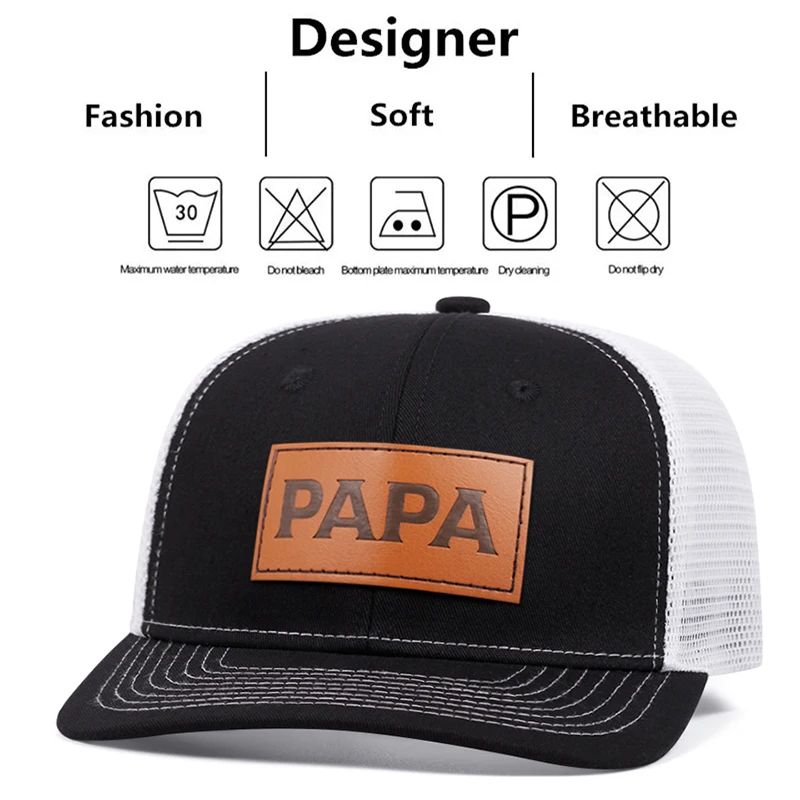 Fashion Men\'s PAPA Leather Label Mesh Hat Adjustable Street Dance Baseball Hat Summer Unisex Fisherman Fishing Hat Truck Cap