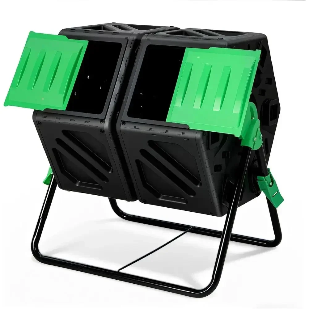 Heavy-Duty Dual Chamber Rotating Composter, 34.5 Gallon Outdoor Bin for Efficient Garden Waste Recycling