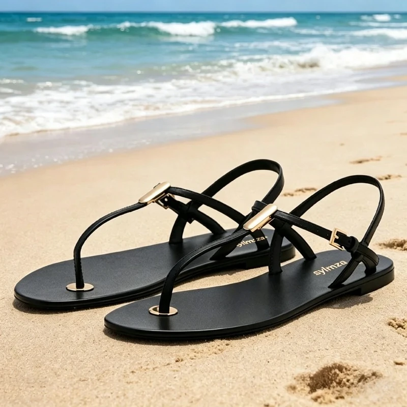 

Brown T Tied Design Flat Sandals Women Luxury Metal Detail Ankle Strap Buckle Gladiator Sandal Fashion Clip Toe Beach Flip-flops