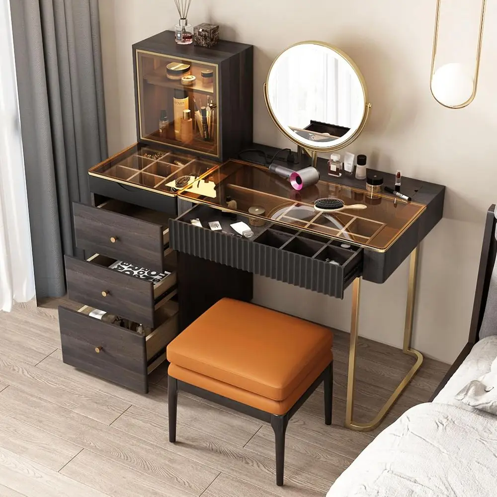 

47 Black LED Mirrored Makeup Vanity Table with Stool, Dimmable Lights, Storage, Power Outlet, Easy Assembly