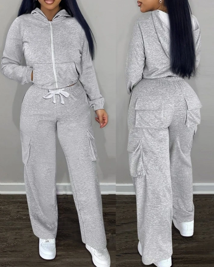 

Grey Casual Long Pants Set with Long Sleeves and Exposed Navel Short Hooded Sweatshirt and High Waisted Pocket Design Sweatpants