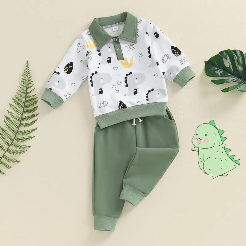 

Newborn Baby Boys Pant Sets Fall Clothes 2PCS Outfit Sets Long Sleeve Lapel Dinosaur Tops Solid Color Pants Sets Baby Clothing