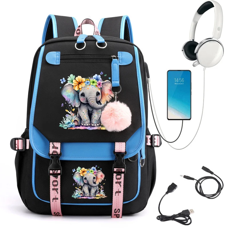 Tas sekolah Kawaii untuk remaja perempuan, tas ransel kartun Anime, tas sekolah Usb siswa kartun gajah motif bunga, tas ransel anak-anak