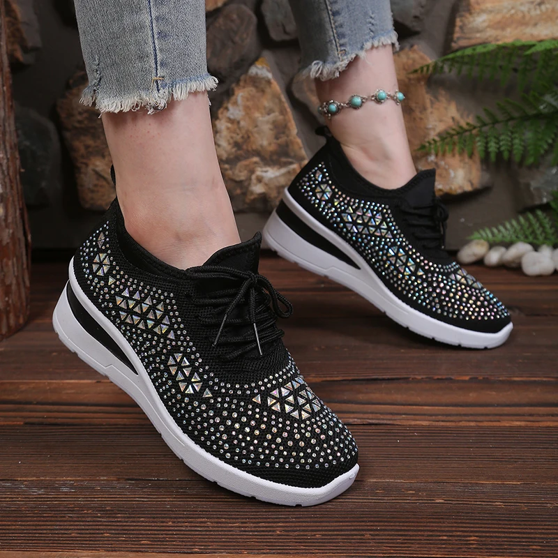Women's Sparkly Rhinestone Wedge Sneakers Breathable Mesh Lace-Up Casual Walking Footwear image 3