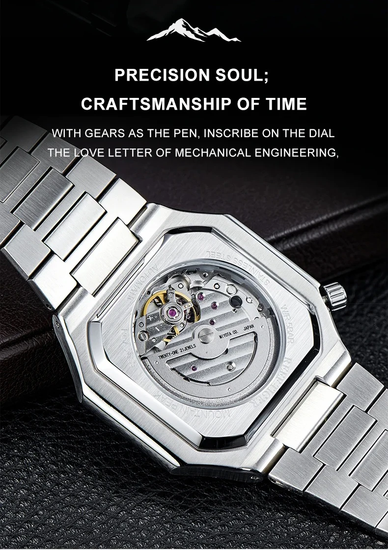 ريف تايجر ساعة أوتوماتيكية للرجال 44 ملم ساعة يد ميكانيكية مربعة 5ATM مضيئة الياقوت عرض احتياطي الطاقة ومينا 24 ساعة