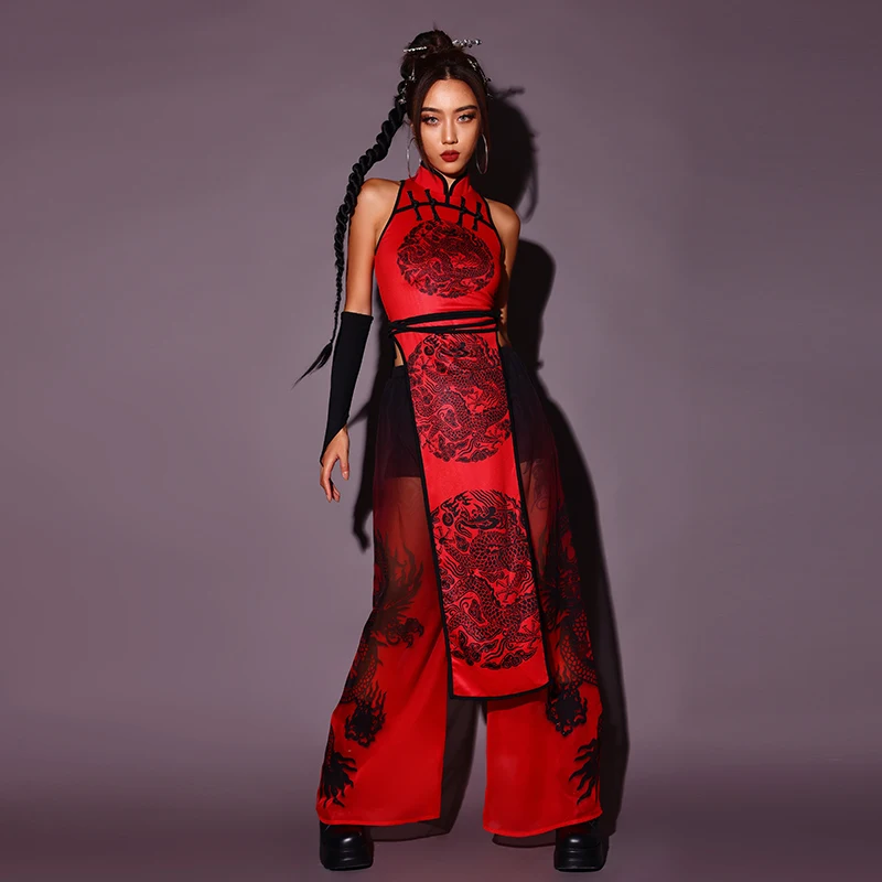 Women Chinese Style Jazz Performance Outfit Red Kpop Clothes Nightclub Bar Dj Singer Stage Wear Sexy Gogo Dance Costume