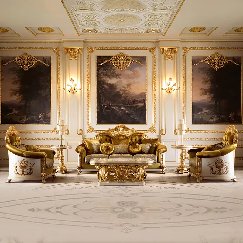!@Made in China Classical Design Living Room Furniture European-style Luxury Solid Wood Hand-carved Sofa