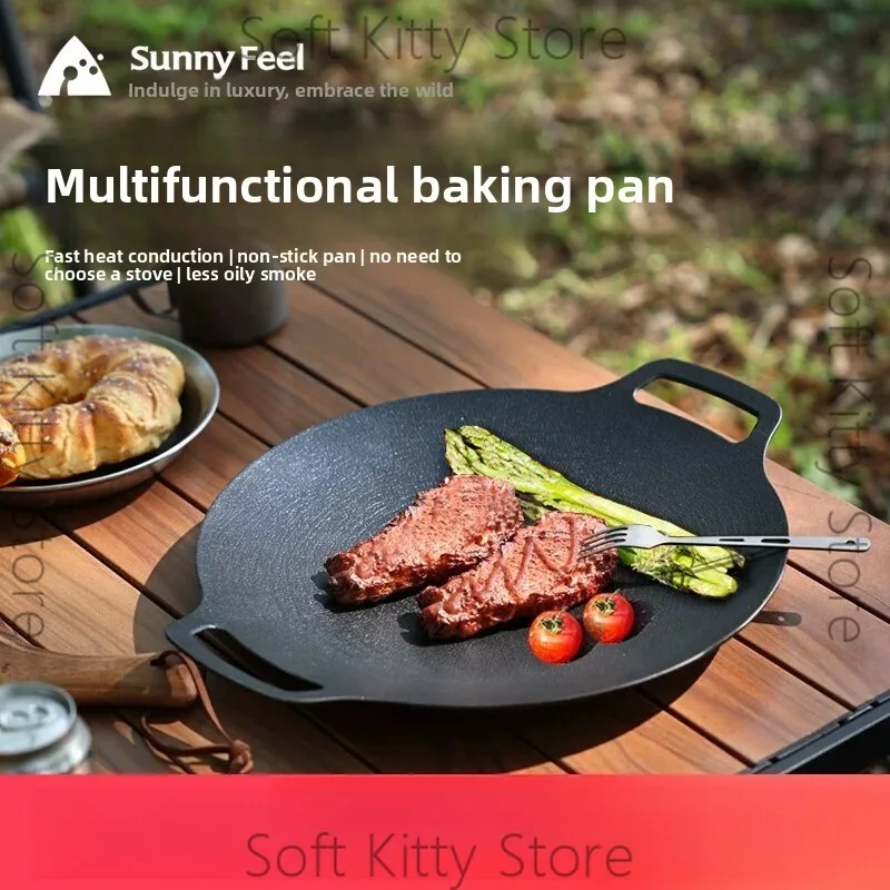 SunnyFeel Outdoor Portable BBQ Frying Pan Korean Barbecue Pan Kitchenware Camping Aluminum Alloy Barbecue Pan