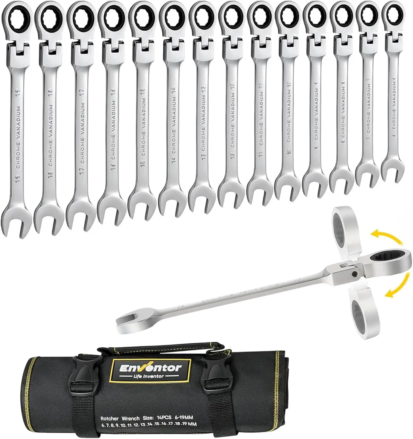 

14-Piece Metric Ratcheting Wrench Set, 6-19mm, Flex Head, CR-V Steel, 72-Tooth with Rolling Pouch