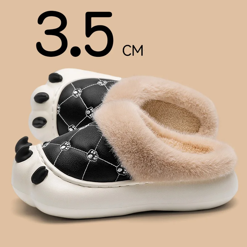 

2025 Chunky bear paw slippers women's plush collar slides shoes home warm scuff woman animal claw waterproof slippers thick sole