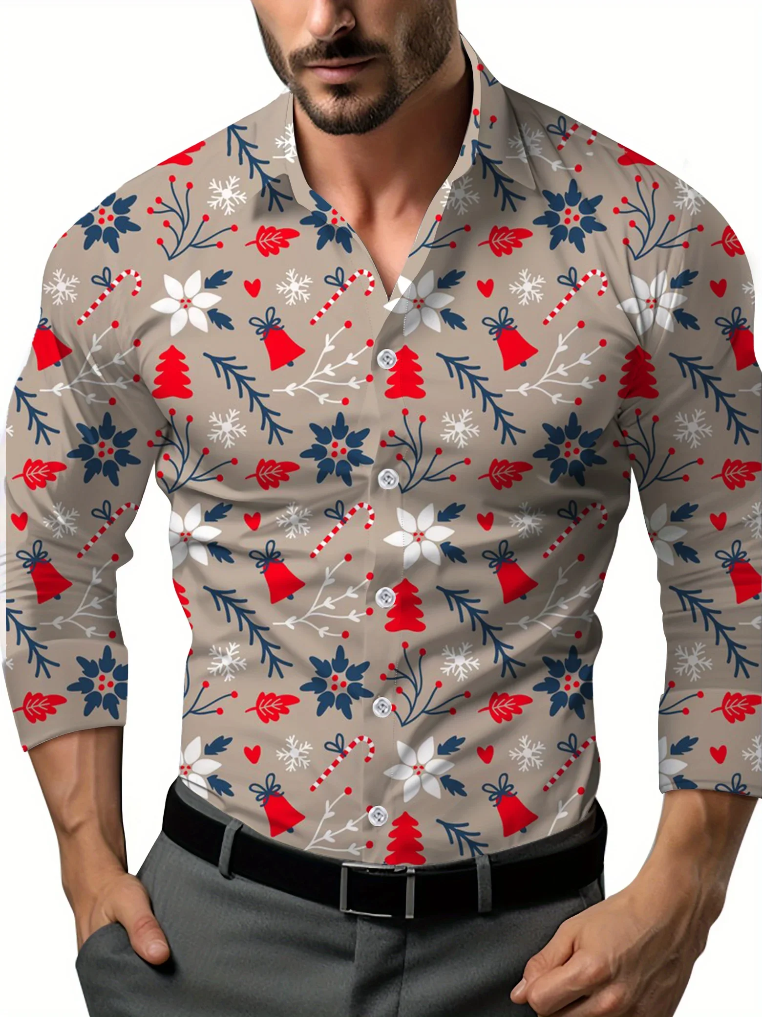 New Men's Spring Autumn Trend Fashion Shirt For Christmas Party Carnival Casual Digital Print Lapel Polo Shirt Long Sleeve Shirt